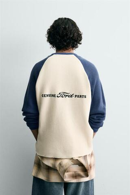 ZARA Х FORD ФУТБОЛКА В СТИЛЕ КОЛОР-БЛОК WAFFLE, СИНИЙ/БЕЛЫЙ