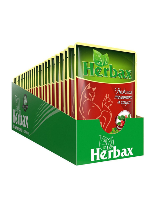 Влажный кром Herbax для взрослых кошек, нежная телятина в соусе с листьями брусники, 24 шт x 100 г