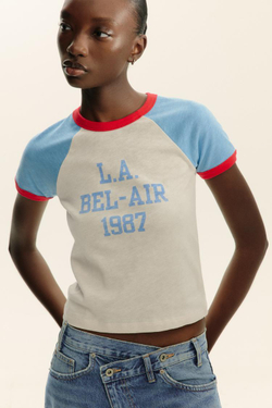 ZARA ФУТБОЛКА С НАДПИСЬЮ В РУБЧИК, ЭКРЮ/СИНИЙ