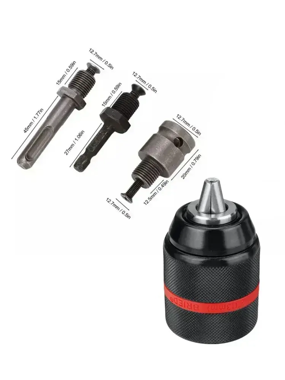 Патрон ударный быстрозажимной, для дрели, с 1/4" шестигранный хвостовик адаптер, цельнометаллический, 1/2-20UNF, 1.5-13 мм, набор 4в1