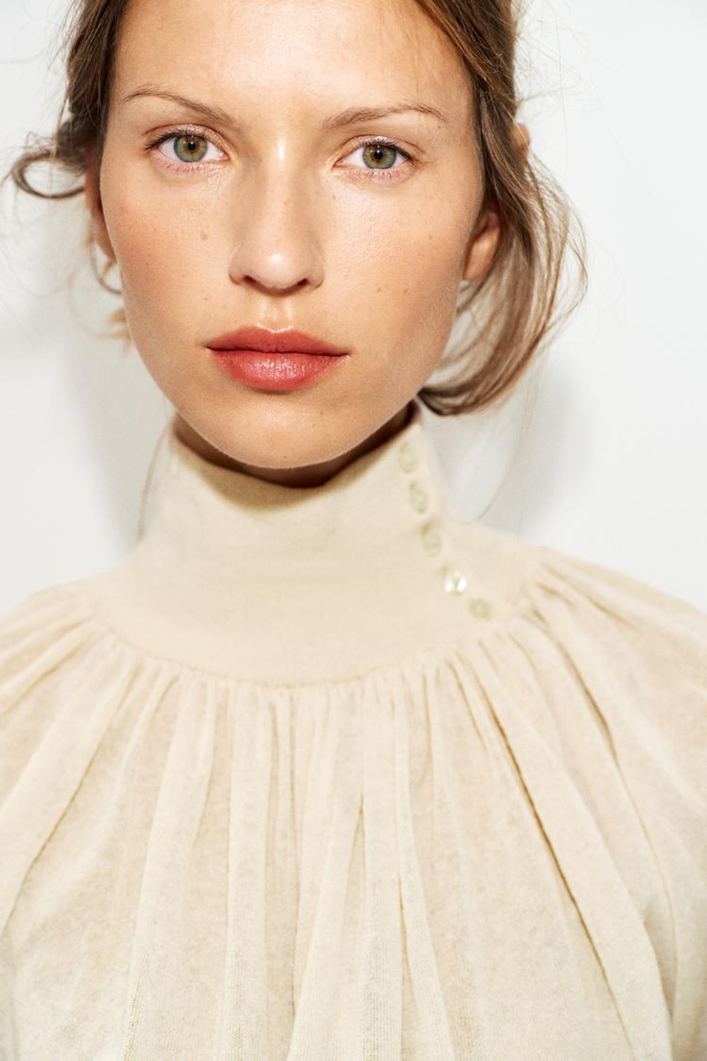 ZARA БЛУЗА СВОБОДНОГО КРОЯ ИЗ КОМБИНИРОВАННОГО ТРИКОТАЖА, ПЕСОЧНЫЙ