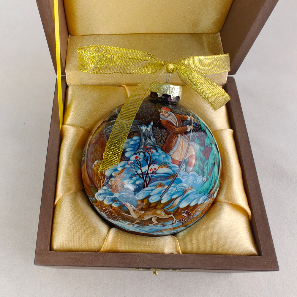 Шар новогодний с ручной росписью Палех "Охота" в футляре