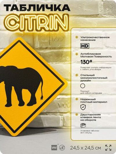 Табличка прикольная "Осторожно, слон" на дверь и стену, информационная и предупреждающая, декоративный знак, 24,5х24,5 см, пластиковая, Айдентика Технолоджи