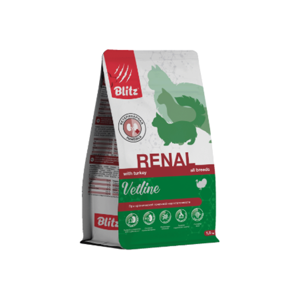 Сухой корм для кошек полнорационный диетический при хронической почечной недостаточности Blitz Vetline Renal Cat 1,5кг