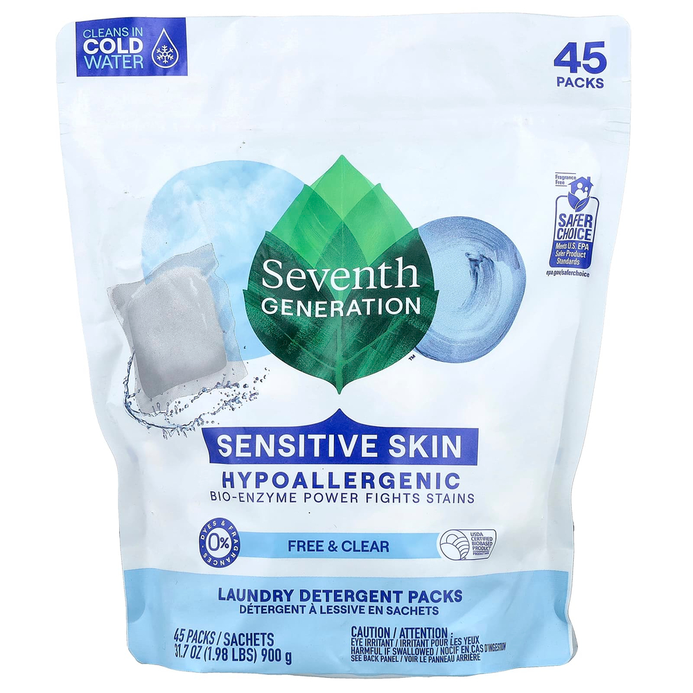 Seventh Generation, Пакеты с моющими средствами для стирки, без добавок, прозрачные, без отдушек, 45 упаковок, 900 г (1,98 фунта)