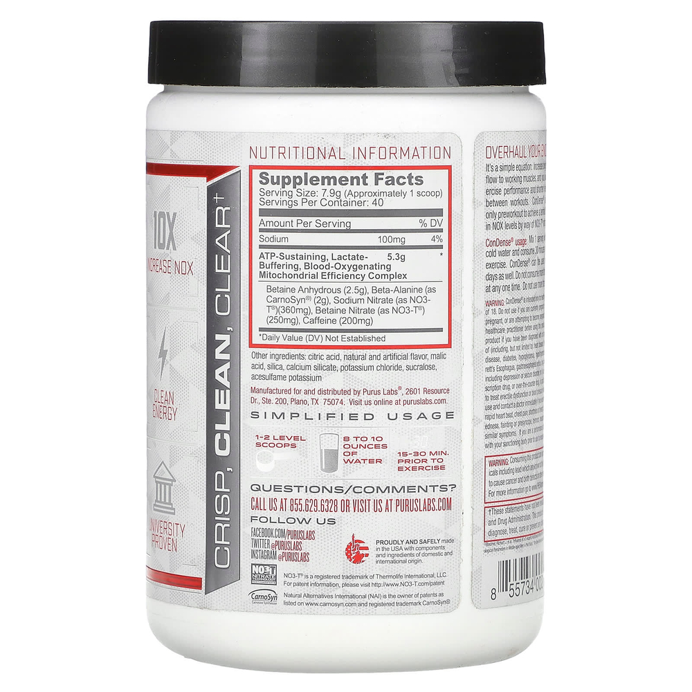 Purus Labs, ConDense, предтренировочный комплекс для повышения выносливости, со вкусом арбуза и клубники, 316 г (11,1 унции)