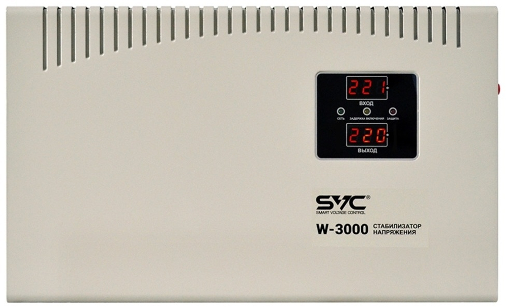 СТАБИЛИЗАТОР (AVR) SVC W-3000 3000BA/3000BT LED-ДИСПЛЕЙ ДИАПАЗОН РАБОТЫ AVR: 140-260В ВЫХ  220В+/-7%, КЛЕЕМНАЯ КОЛОДКА, ГАБАРИТЫ:380