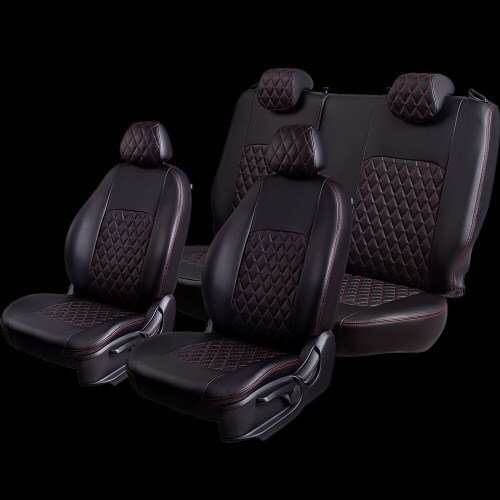 Чехлы на сиденье Renault Logan-2 Sandero-2, Logan Stepway-1 c 07.2018г 60/40 2П+3Г Турин Ромб Экокожа черная/крас.н (РЗС (LORD AUTO)