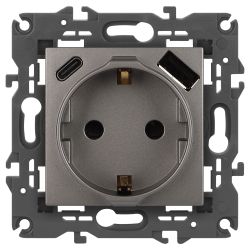 Розетка ЭРА Elegance 14-4108-16 2P+E 16A-250В со шторками с USB type-A+C 5В-3А титан