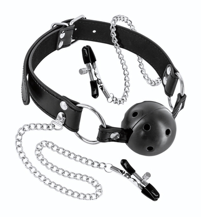 Жесткий шар-кляп с зажимами для сосков (Цвет: черный)