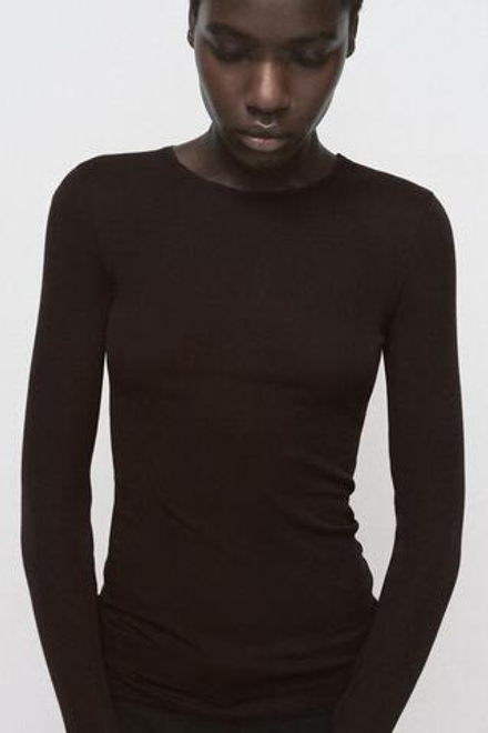 ZARA ФУТБОЛКА SUPIMA® С ДЛИННЫМИ РУКАВАМИ, ШОКОЛАДНЫЙ