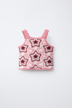 ZARA ТОП ИЗ КРУЖЕВА КРОШЕ СО ЗВЕЗДАМИ, РОЗОВАТЫЙ