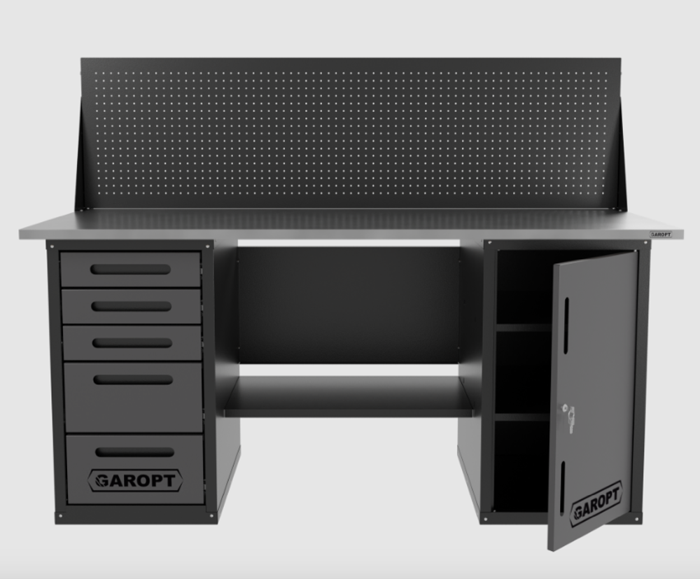 Верстак двухтумбовый дверь/5 ящиков с экраном, серый 1800*700 Garopt, GT1800DY5PP.grey