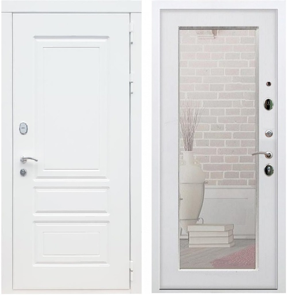 Входная металлическая дверь с зеркалом  REX (РЕКС) 6 Лондон Силк сноу / Пастораль Силк сноу