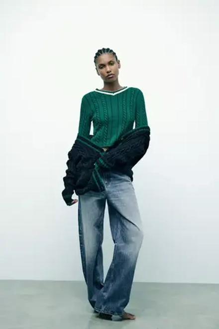 ZARA СВИТЕР С УЗОРОМ «КОСЫ», ЗЕЛЕНЫЙ