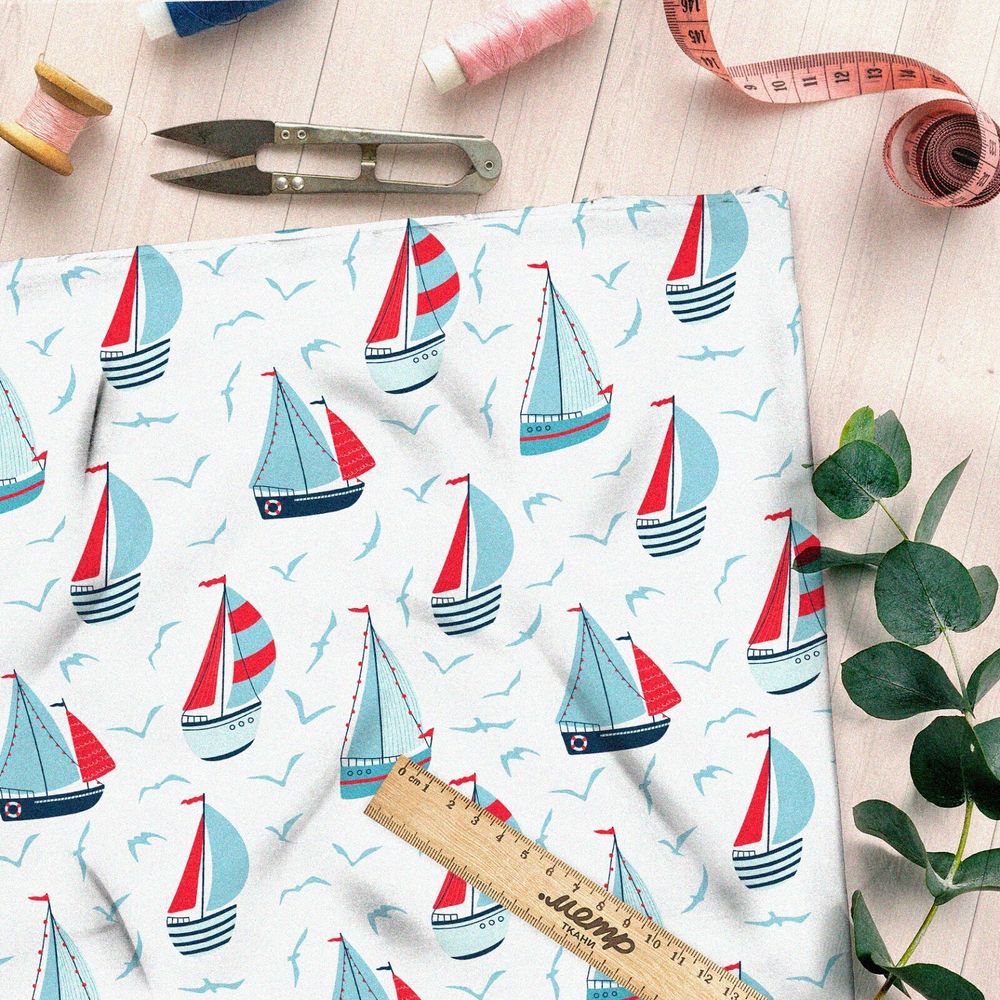 Ткань кулирная гладь парусные кораблики