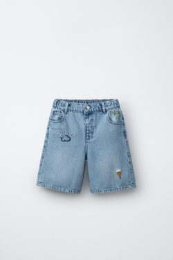 ZARA ДЖИНСОВЫЕ ШОРТЫ С ВЫШИВКОЙ, ВЫЦВЕТШИЙ СИНИЙ