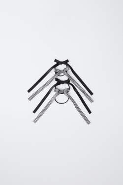 ZARA НАБОР ИЗ ЧЕТЫРЕХ РЕЗИНОК ДЛЯ ВОЛОС С БАНТИКАМИ В КЛЕТКУ ВИШИ, ЧЕРНЫЙ