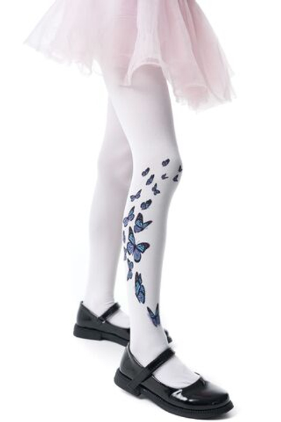 Детские колготки с принтом в виде голубых бабочек на правой ножке (Размер: 116-138) (Цвет: белый)