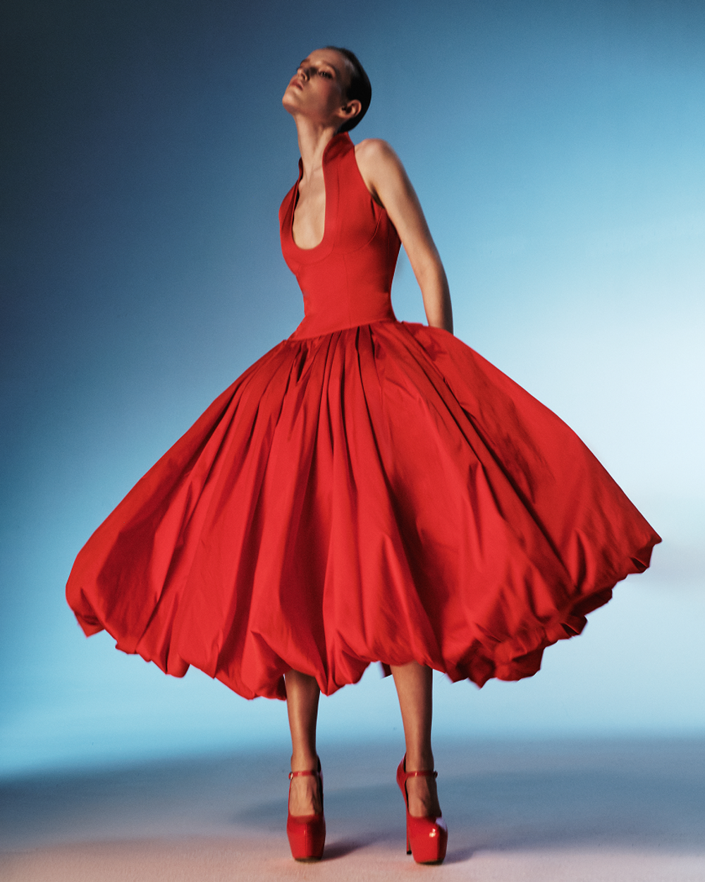 Платье миди из сатина с объемной юбкой из тафты