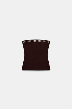 ZARA ТОП БАНДО С ЭЛАСТИЧНОЙ ТКАНЬЮ И ЗАКЛЕПКАМИ, ТЕМНО-КОРИЧНЕВЫЙ