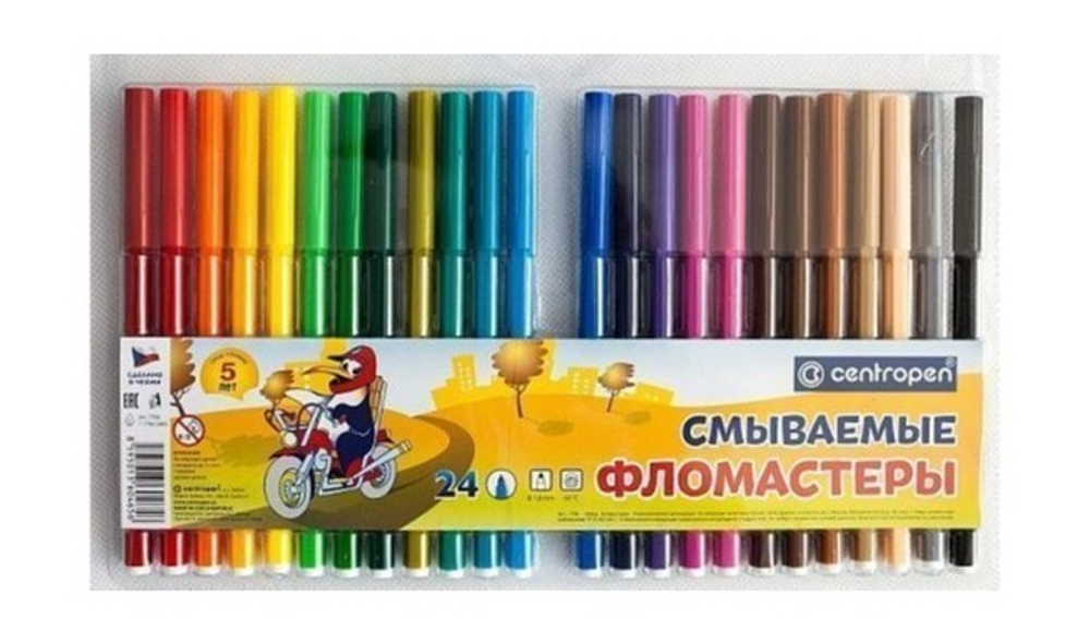 Фломастеры 24цв. CENTROPEN Пингвины, круглые, смываемые, 7790/24