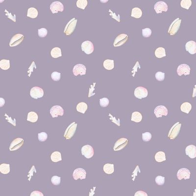 Акварельный паттерн из ракушек на сиреневом фоне