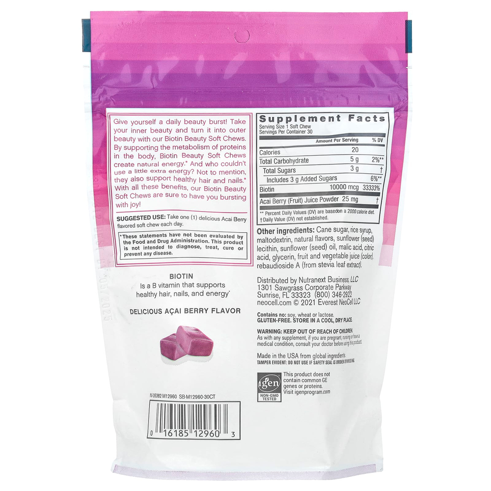 NeoCell, Biotin Bursts, вкус ягод асаи, 10 000 мкг, 30 жевательных таблеток