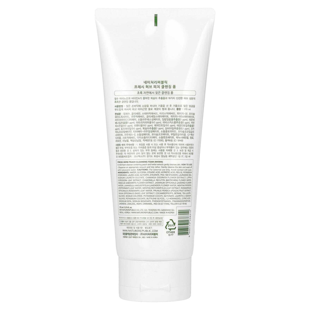Nature Republic, очищающая пенка со свежими травами, персик, 170 мл (5,74 жидк. унции)
