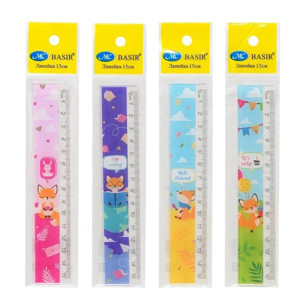 Линейка Basir пластиковая, серия "Лиса", с рисунком лисичек на корпусе, 15 см