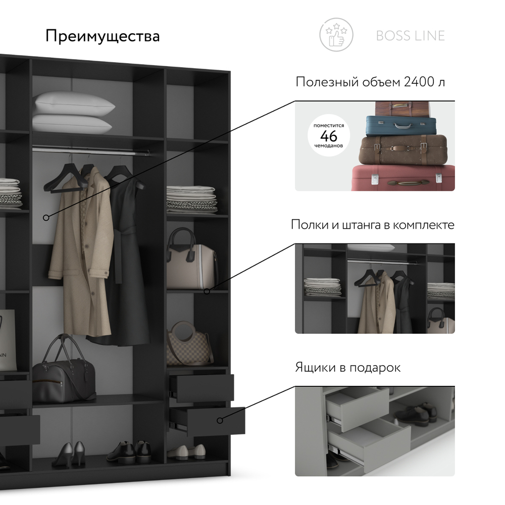 Шкаф BOSS LINE 180 - 4Д Оникс серый, Графит софт