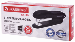 Степлер №24/6, 26/6 BRAUBERG "SX-39", до 25 листов, черный, 228590