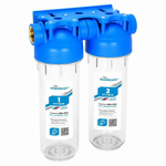 Фильтр для воды АКВАБРАЙТ магистральный, 3/4 ", 2-х ступенчатый, прозрачные корпуса, Slim Line 10, в комплекте кронштейн и ключ (АБФ-2 3/4)