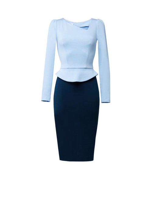 Платье футляр с баской голубое с тёмно-синим 01-01-19FW