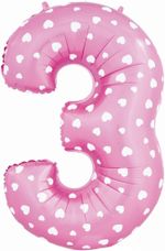Шар (40"/102 см) Цифра, 3, Сердечки, Розовый, в упаковке 1 шт.