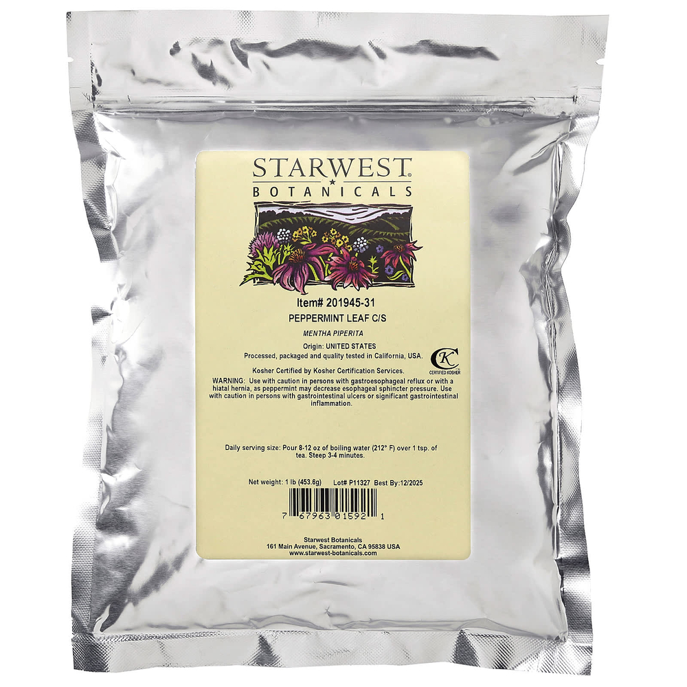 Starwest Botanicals, листья перечной мяты, нарезанные и просеянные, 453,6 г (1 фунт)