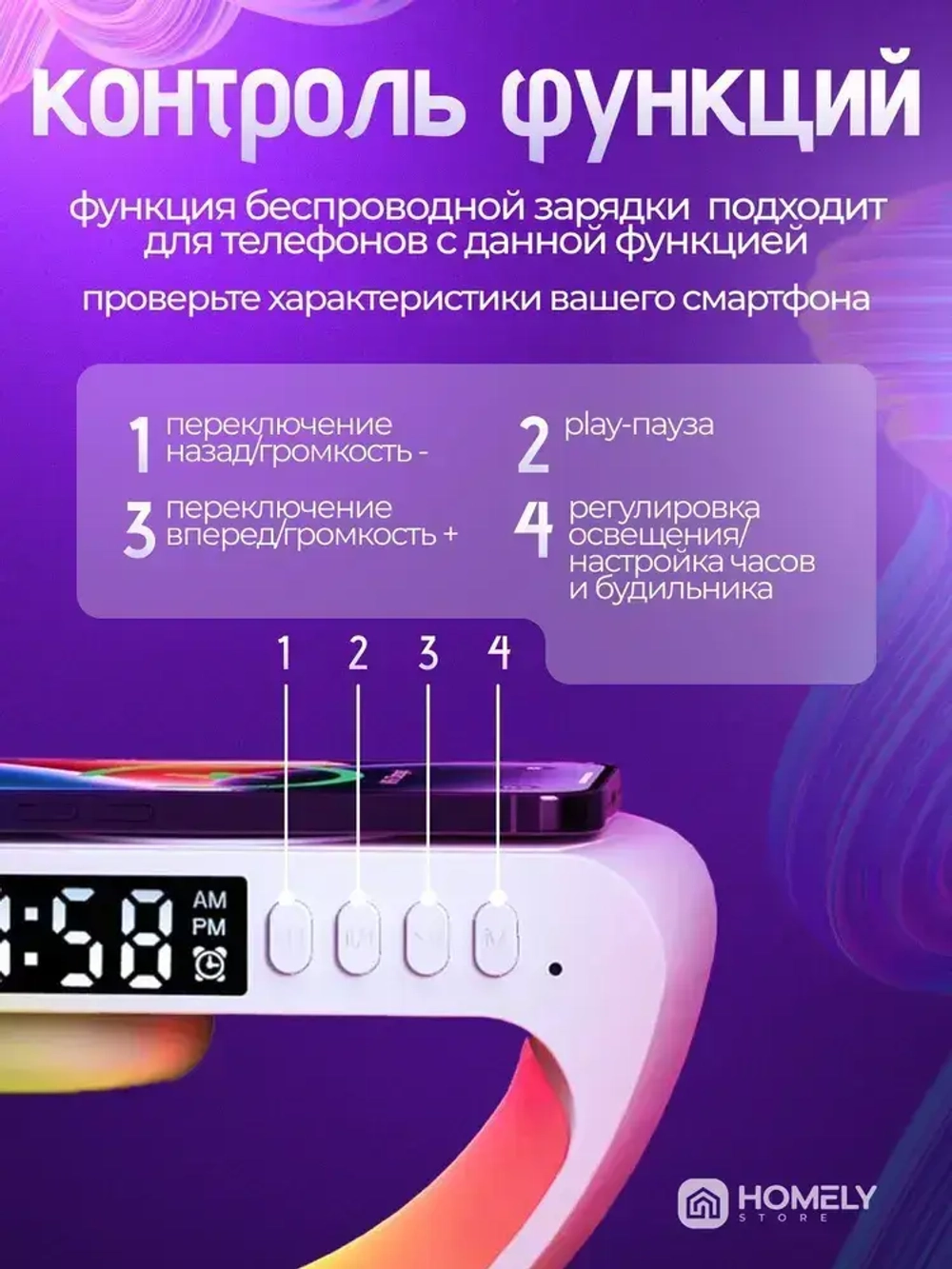 Ночник светильник настольный светодиодный с беспроводной зарядкой, часы электронные настольные с колонкой Bluetooth