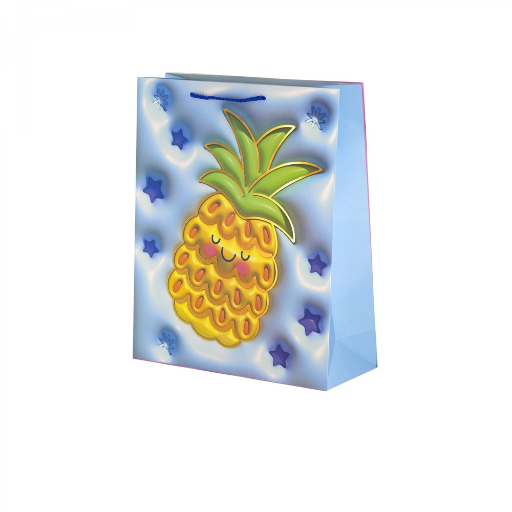 Пакет подарочный бумажный Alingar, (М) 18х23х10 см, вертикальный, "Яркие фрукты", мат. ламинация, тиснение голография, эфффект 3D, ассорти
