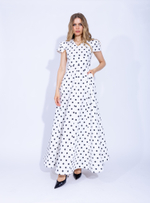 Женское белое платье в чёрный горошек макси