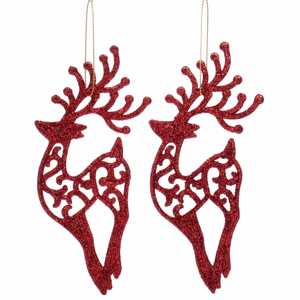 Подвески в блестках «Олень» 14 см (набор 2шт), красный