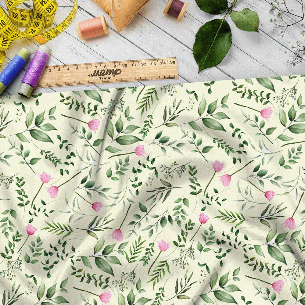 Ткань шифон мелкие розовые цветы и множество зелёной листвы