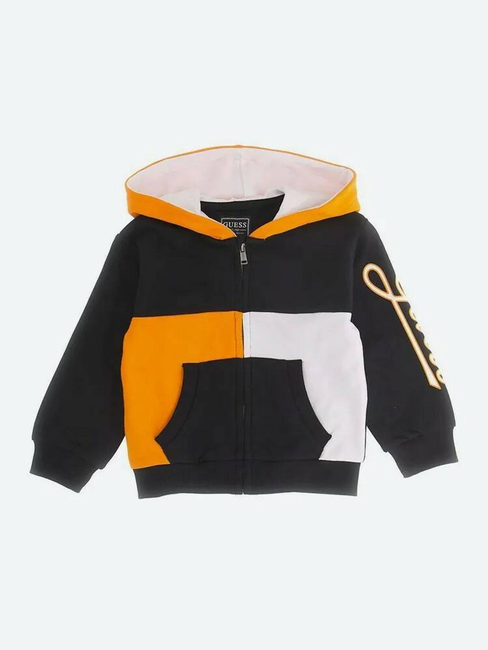 Кардиган трикотажный с капюшоном GUESS Черный/Белая и оранжевая вставки/Термопринт: логотип (Мальчик)