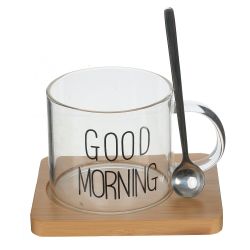 GAEM Кружка с ложкой на деревянной подставке, 300 мл, L12 W9,5 H10 см, 2в.