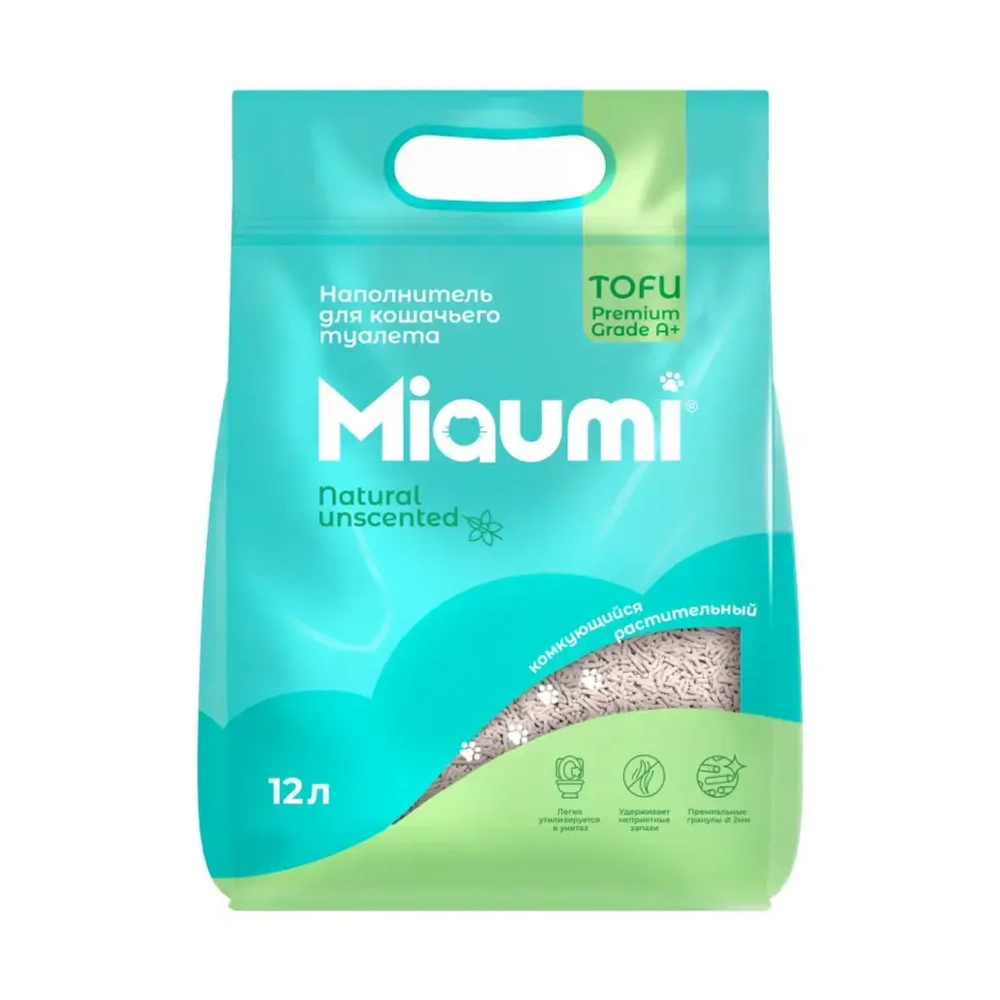 Miaumi tofu natural unscented наполнитель комкующийся соевый для кошачьего туалета, без ароматизатора - 12 л (5 кг)
