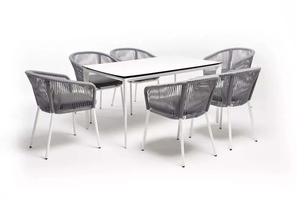 "Малага" обеденная группа на 6 персон со стульями "Марсель", каркас белый, роуп светло-серый