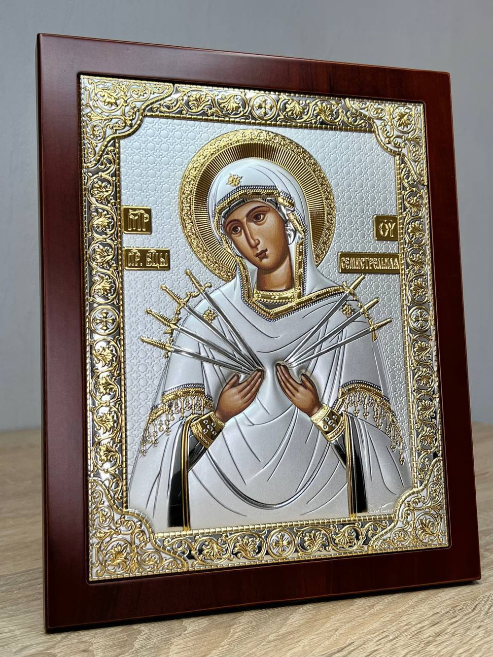 Семистрельная БМ, икона прямоугольная с рамкой, красное дерево 185х235