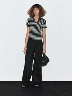 Massimo Dutti Футболка поло из смесового хлопка в полоску, черный