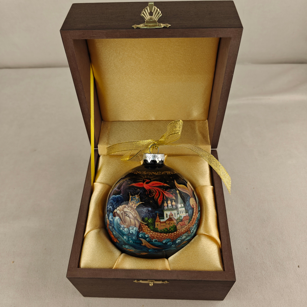 Шар новогодний с круговой росписью Палех "Конек-горбунок" в футляре