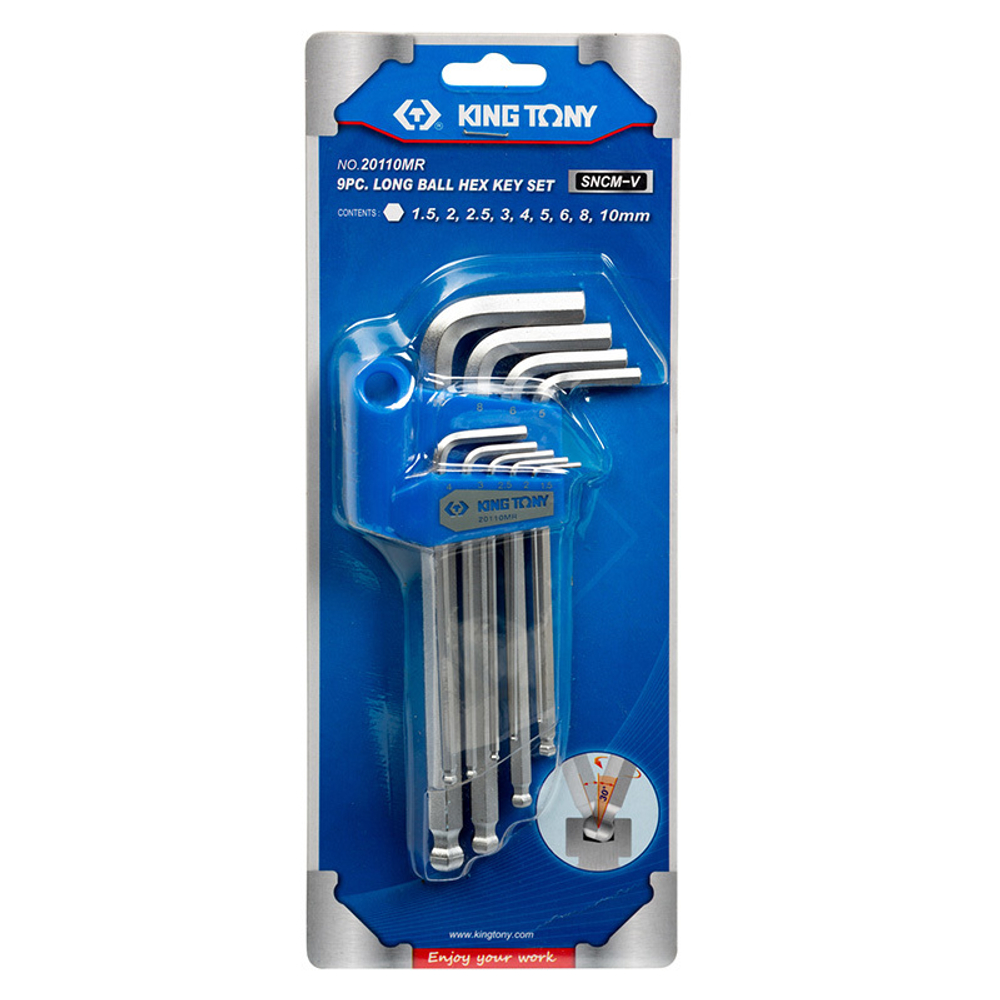 Набор Г-образных шестигранников 1,5-10 мм, с шаровым окончанием, 9 предметов KING TONY 20110MR
