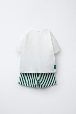 ZARA КОМПЛЕКТ ИЗ ФУТБОЛКИ И ШОРТОВ, ЗЕЛЕНЫЙ/ЭКРЮ